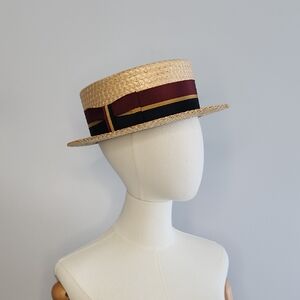 Dobbs Classic Straw Boater Hat with Burgundy and Navy Band